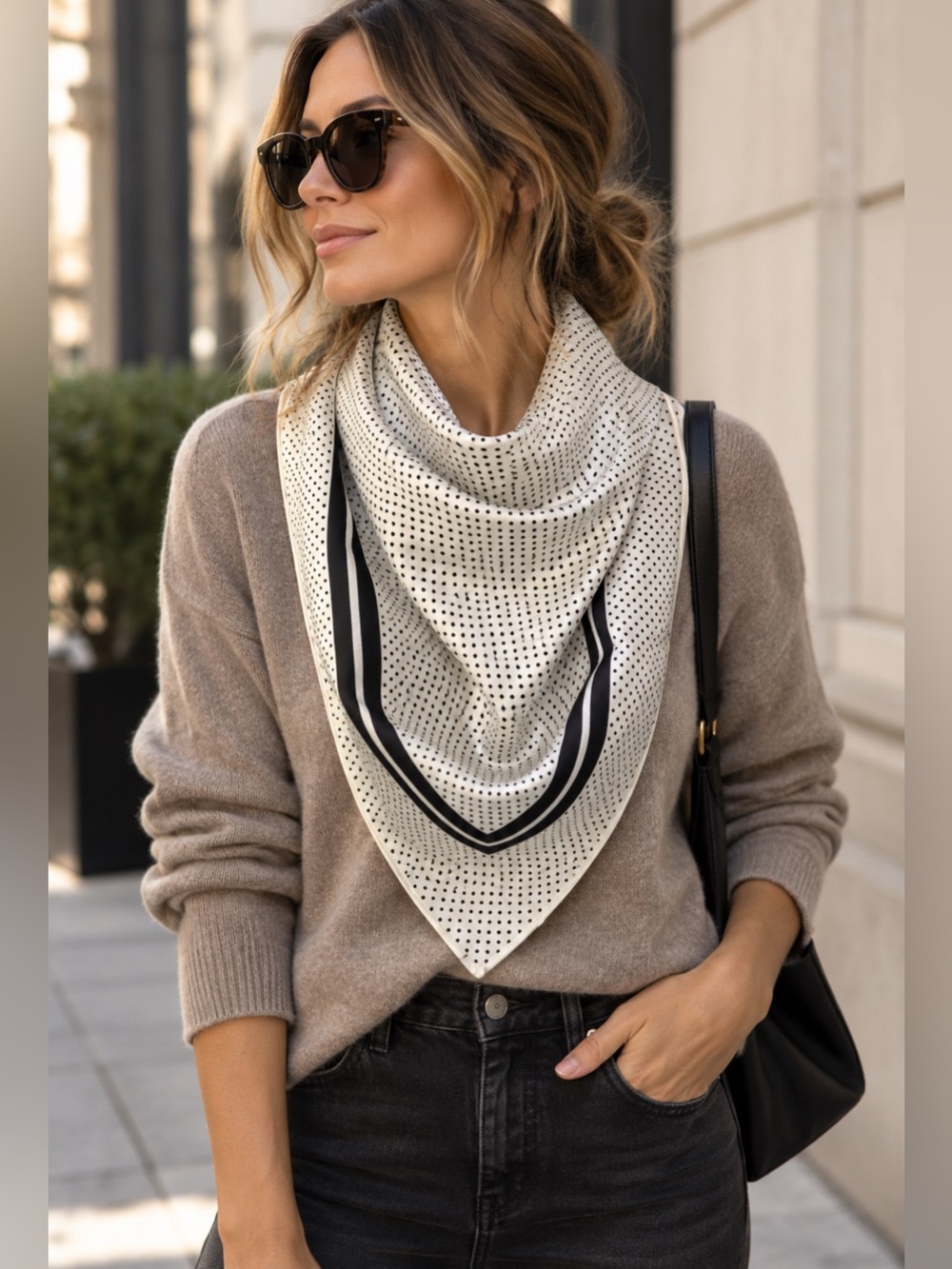 Scarf Echo Cream and Black Polka Dot Scarf